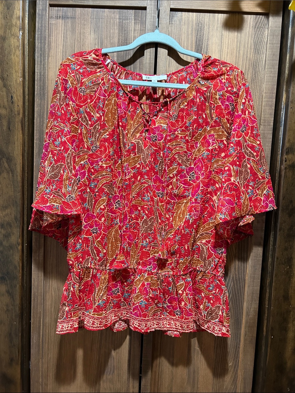 DR2 Red Floral Peasant Blouse with Pink Accents